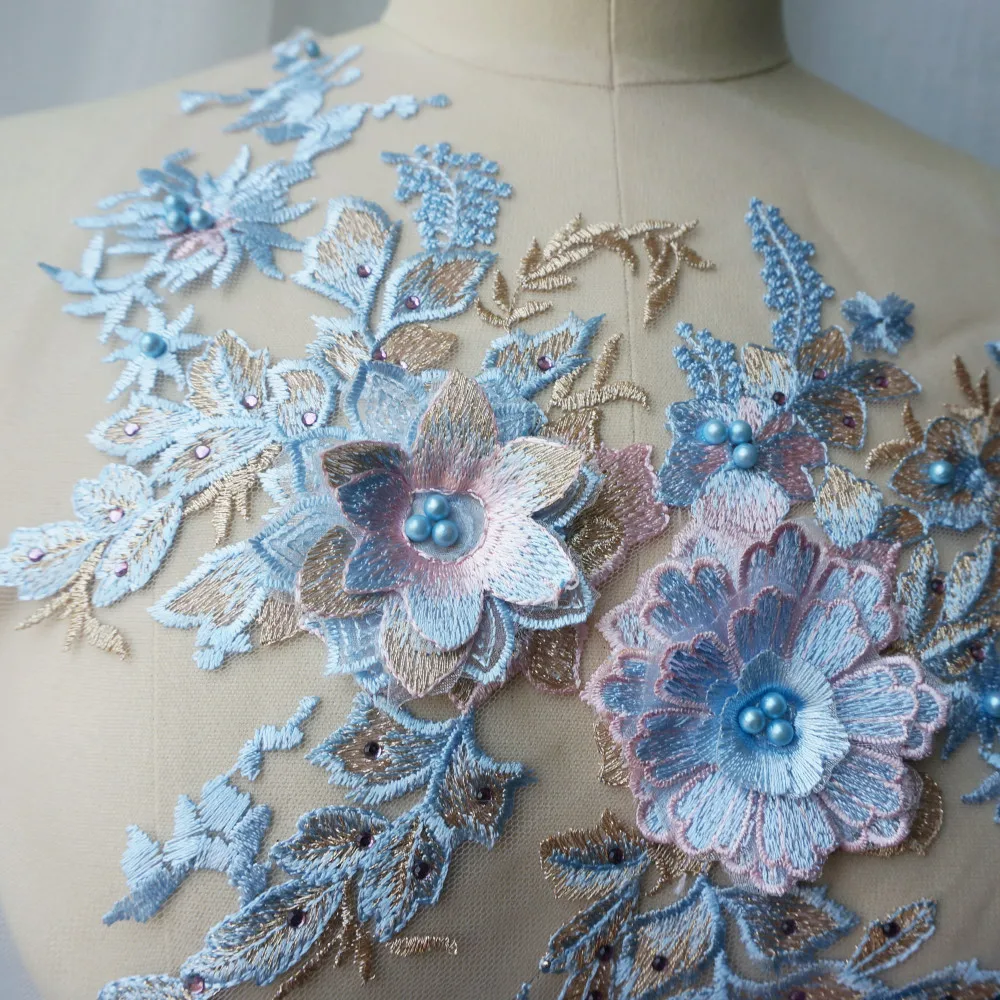 Синяя кружевная ткань 3D цветок бисер горный хрусталь Вышитые свадебное платье