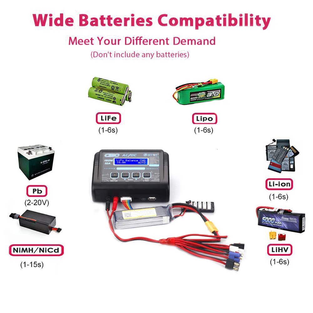 

C150 LiPo Battery Charger Rc AC/DC 150W 10A Battery Balance Smart Charger 8 in 1 connector splitter wire NiCd NiMh Pb Battery