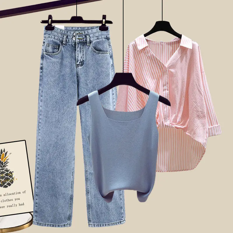 Женский костюм-тройка из блузки в полоску и джинсов с высокой талией свободный T181