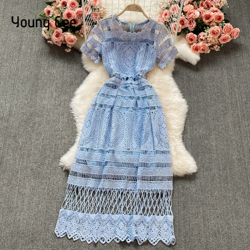 

Young Gee Elegant Crochet Lace Dress Women O-Neck Hollow Out White Party Slim Black Luxury Blue Midi Dresses robe femme vestidos