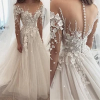illusion 3d flower vintage wedding dress bridal gown long sleeve 2021 new veil top bridal gown vestido de noiva bridal gown