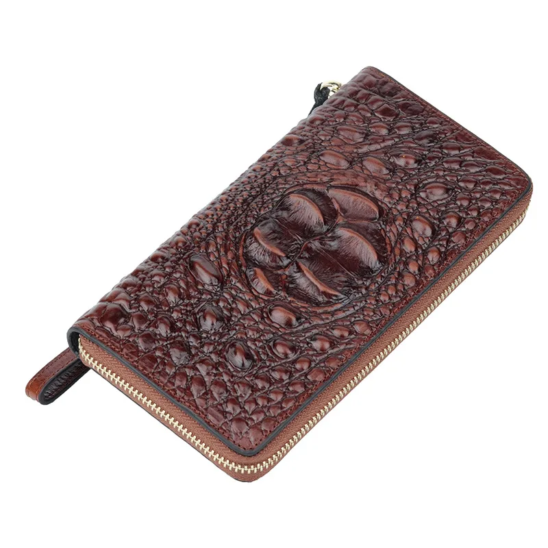 

Fashion Top Grade Texture Zipper Cover Card Coin Leather Women's Long Purse Retro Oil Wax Alligator Multi-function Hand Bag