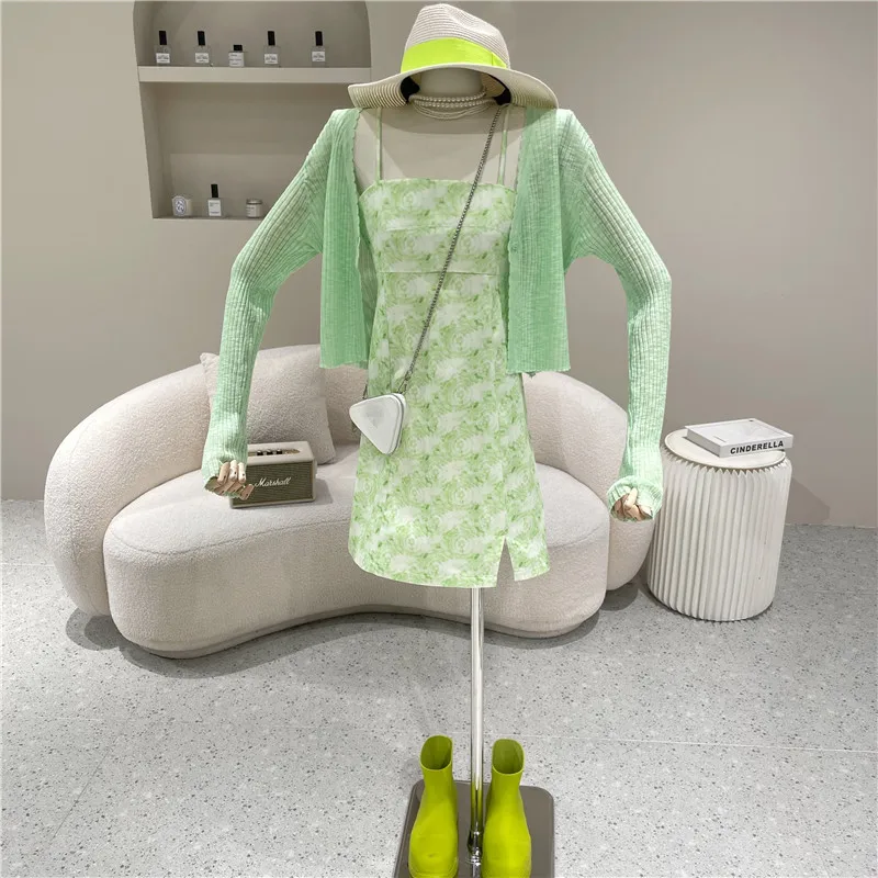 

New Women's Clothing Summer 2021 Fashion Temperament gentle sweet knitted cardigan small fresh print dress Two piece set