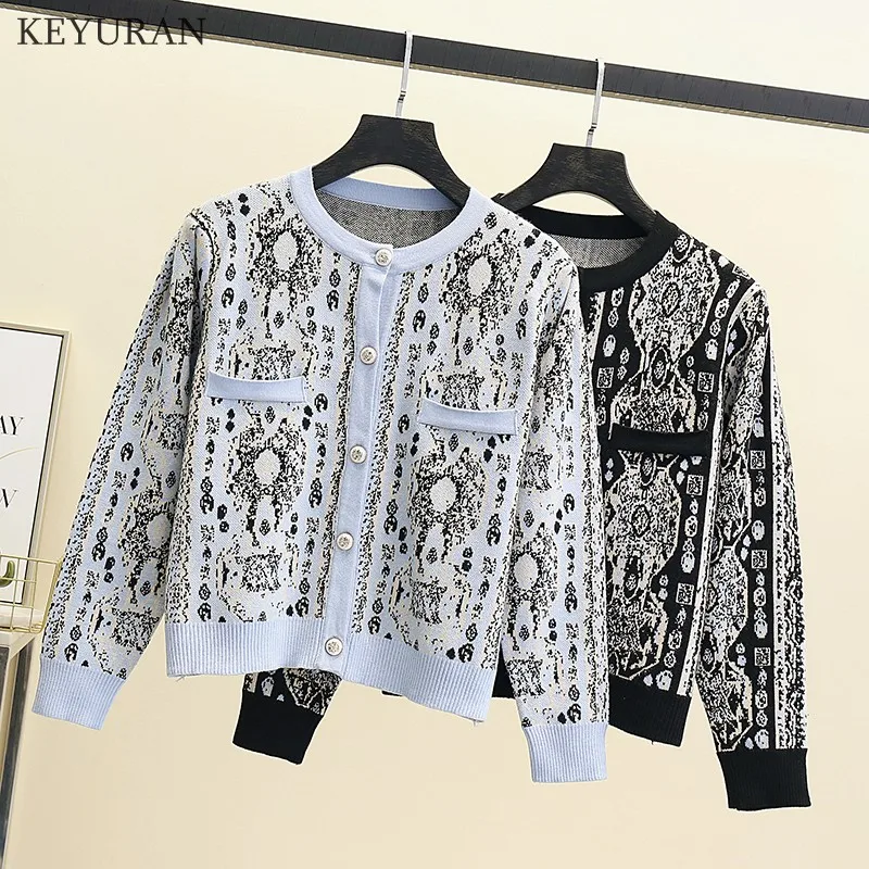 

Women O Neck Cardigans 2022 Autumn Retro Print Knitted Sweater Casual Single Breasted Sweater Outerwear Jumper Female Cardigan