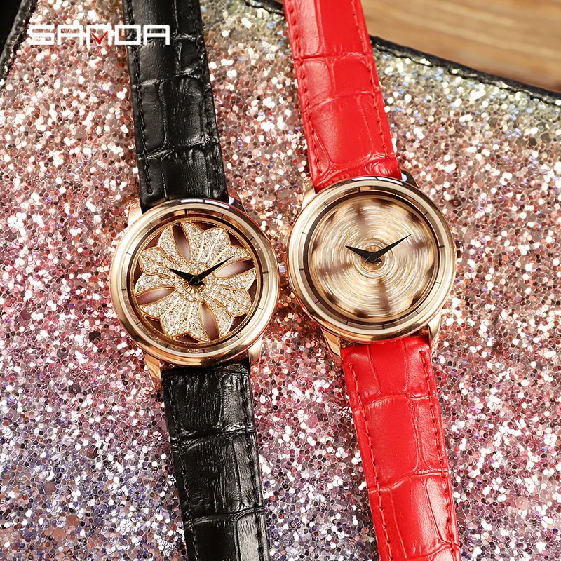 Sanda Топ бренд модные женские часы Изысканный цветочный циферблат вращающийся