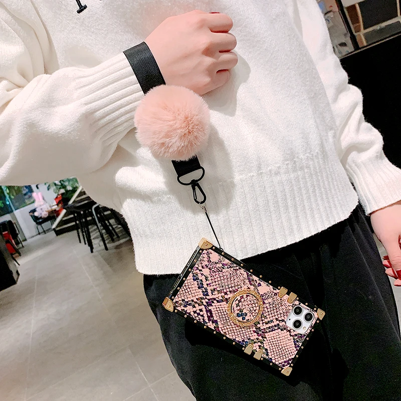 Квадратный чехол подставка из змеиной кожи с меховым ремешком для Samsung A51 A71 S20 Ultra