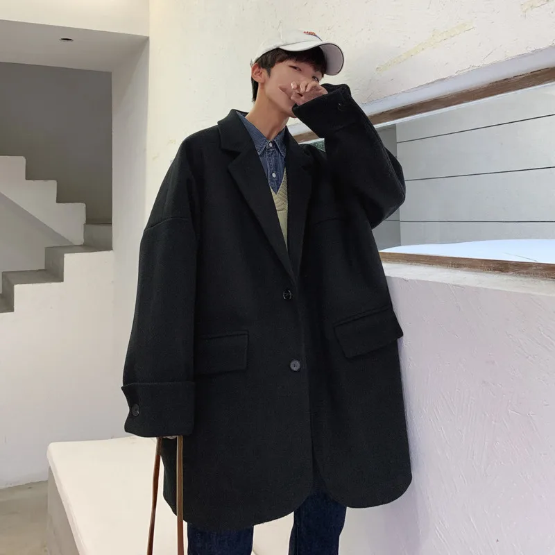 

Fashion Men Wool Coat Woolen Jaket Loose Off-shoulder Sleeve Winter Blend Mens Overcoat Windbreaker Hot Sale
