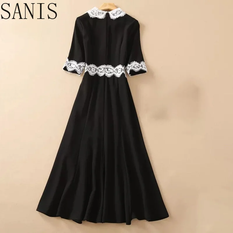 

Sanis New 2021 Fashion Designer Summer Black Dress Women Half sleeve Lace Patchwork High waist Elegant Mdii Dress