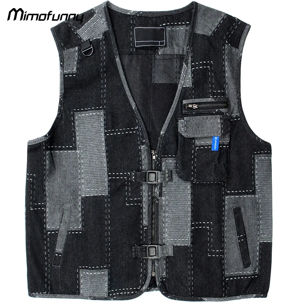

Vest Men Plaid Patchwork Hasp Denim Cargo Waistcoat Harajuku Hipster Casual All-match Tank Tops High Street Cozy Sleeveless Coat