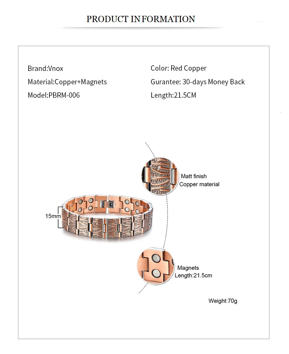 Vnox Stylish Double Row Magnets Red Copper Bracelets 15MM Healthy Magnetic Bio Energy Link Chain Pulsera Masculina 8.6"