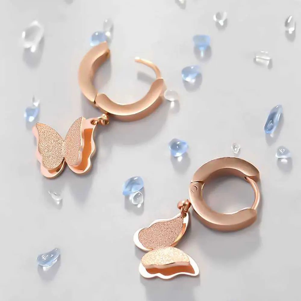 Серьги с двойной бабочкой из титановой стали цвета розового золота 100% гарантия