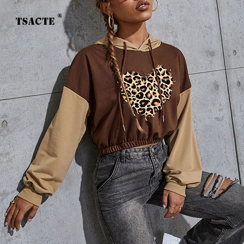 

Женская осенне-зимняя короткая укороченная толстовка с леопардовым принтом Love, повседневные свободные свитера с капюшоном, Модный пуловер,...