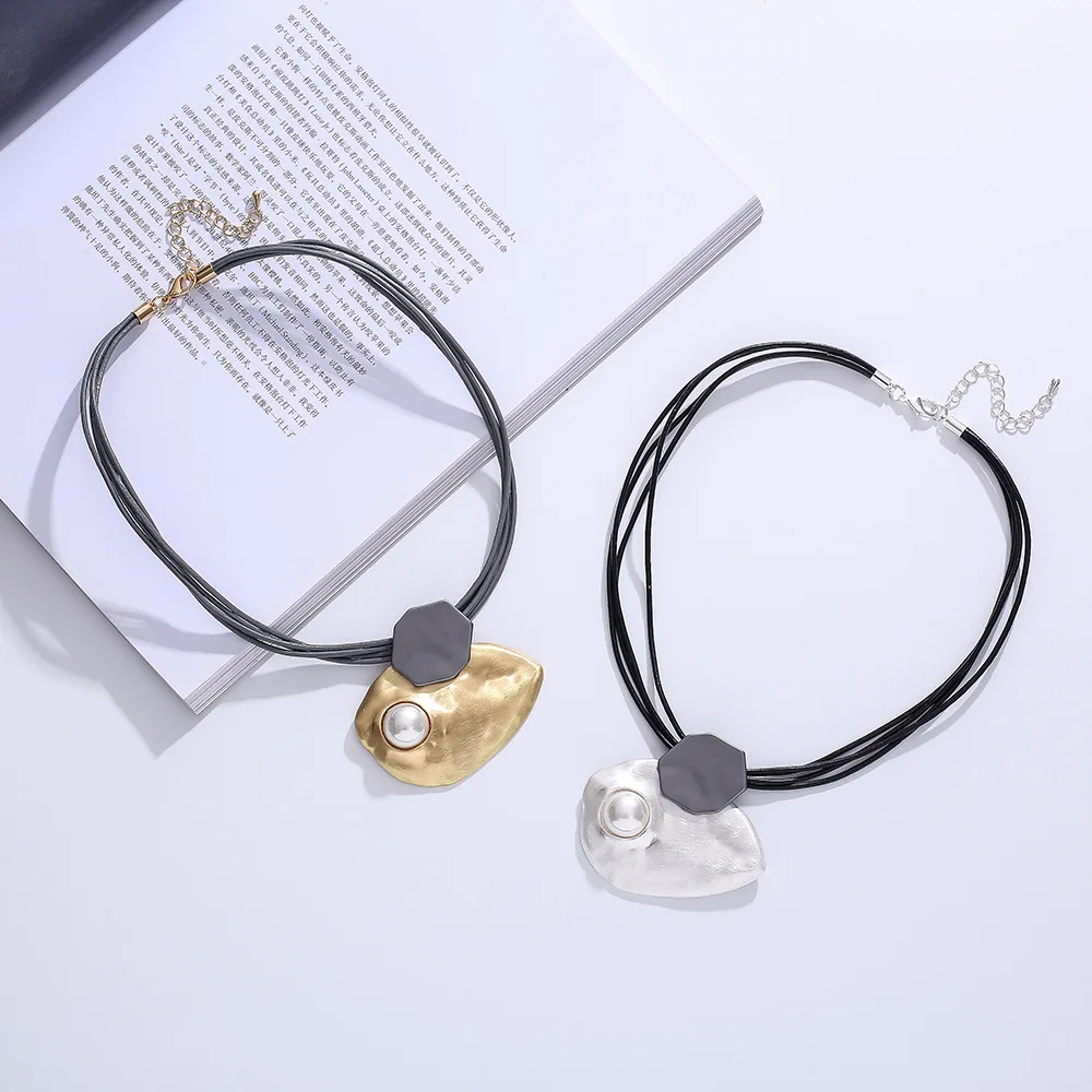 

Amorcome Multistrand Leather Cord Necklace Pearls Irregular Alloy Metal Pendants Collar Womens Girls Teens Casual Jewelry Gift