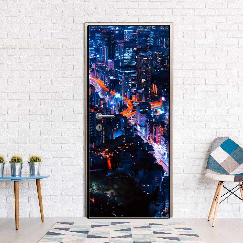 Креативная наклейка на дверь яркая городская ночь крышка двери Настенная