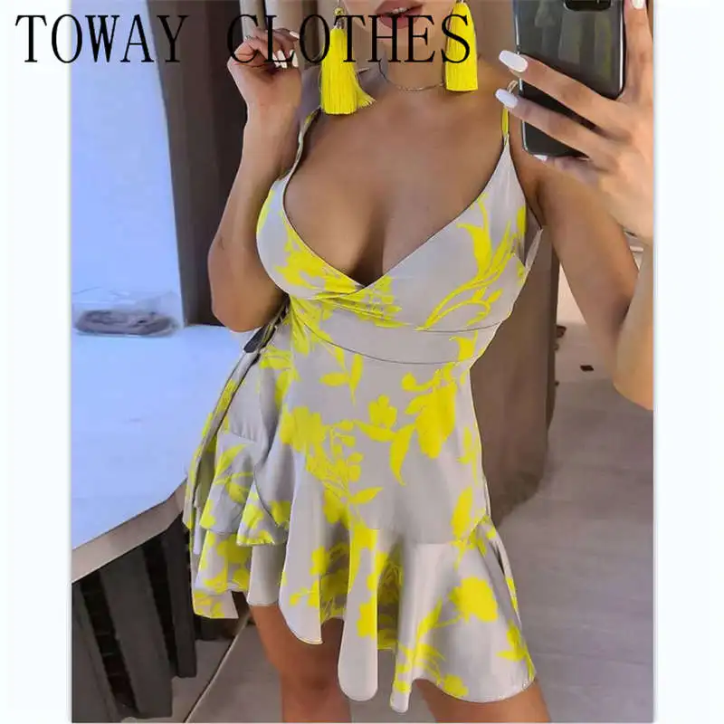 

Женское ТРАПЕЦИЕВИДНОЕ ПЛАТЬЕ с цветочным принтом, V-образным вырезом, оборками и тонкими бретельками, лето 2021