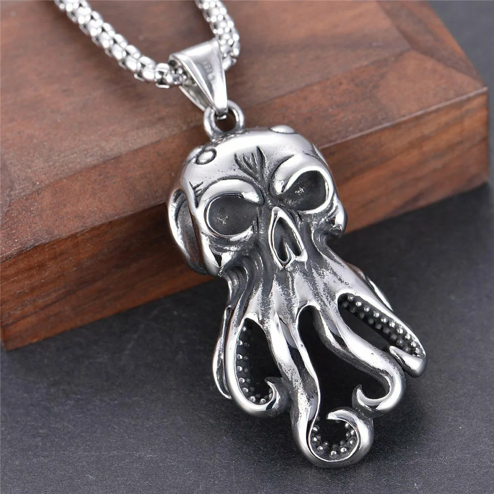 

Gothic Stainless Steel Mens Biker Monster Octopus Skull Pendant Necklace