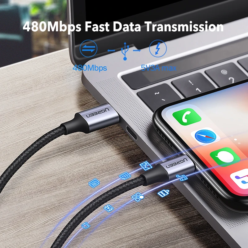 Кабель зарядный Ugreen MFI с usb c на lightning для iPhone 12 11 xs xr 8 7 apple ipad быстрое зарядное