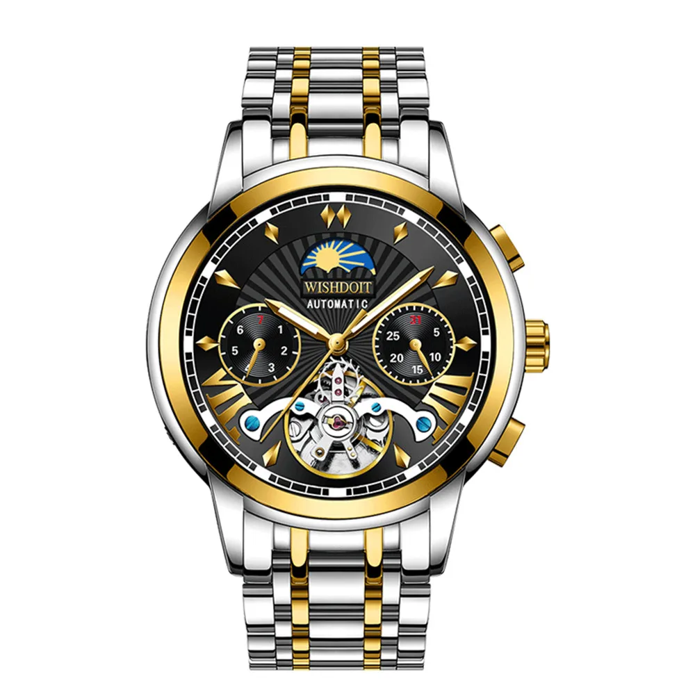 WISHDOIT New Luxury Men's Mechanical Stainless Steel GMT Wrist Watch Top Brand Skeleton Tourbillon Luminous Waterproof Clock Man