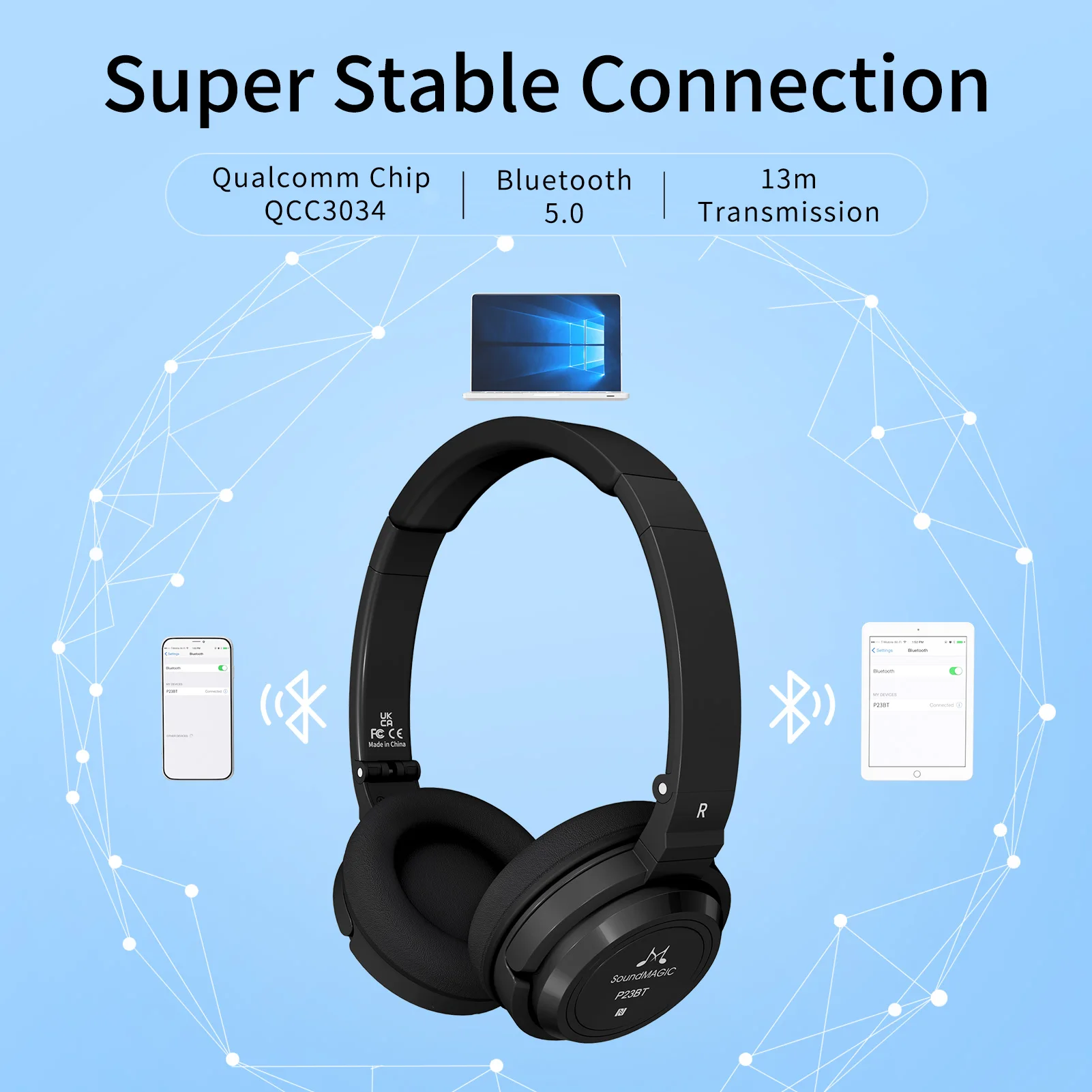 SoundMAGIC P23BT Portable On Ear Bluetooth Headphones CVC Noise Canceling Microphone HiFi Sound Stable Long Playtime enlarge