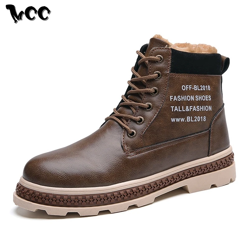 Зимние мужские ботинки с мехом теплая флисовая кожаная обувь высокие со