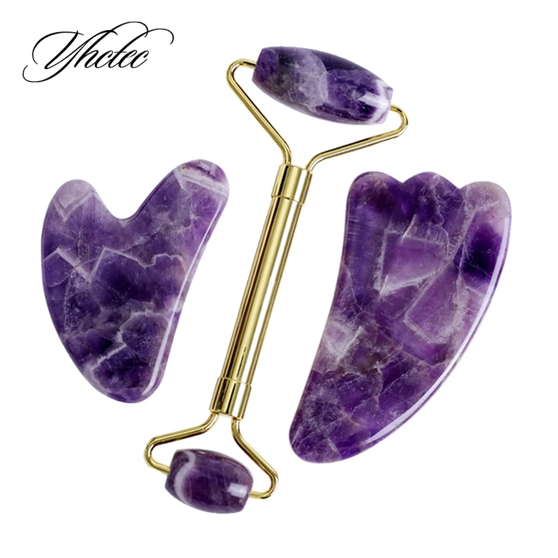 

Gouache Amethyst Natural Stone Facial Massager Jade Roller Gua Sha Set SPA Acupuncture Scraping Crystal Gouache Scraper For Face