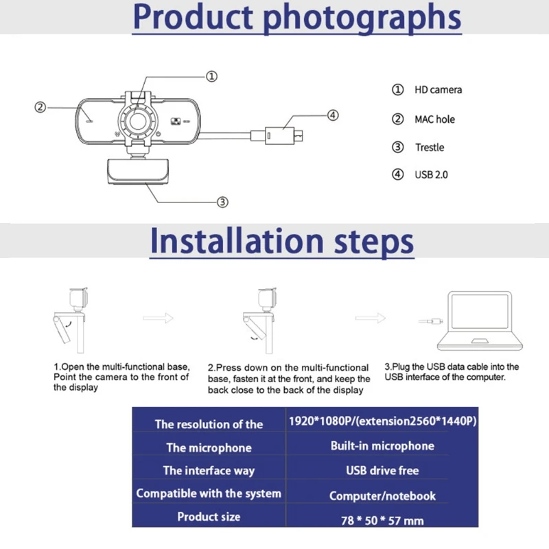 

1080P Webcam 2K Computer PC Web Camera with Microphone for Live Broadcast Video Calling Conference Work Camera Webhd