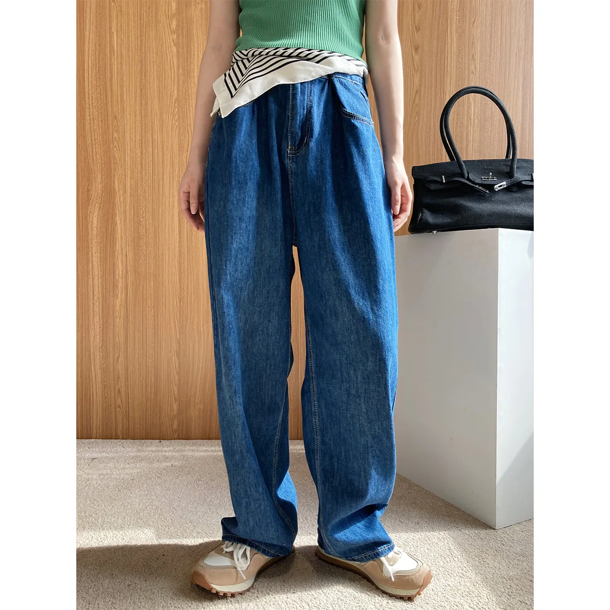 

Модные женские джинсы Yeeloca с высокой талией и широкими штанинами, Летние регулируемые Свободные повседневные брюки, прямые тонкие брюки