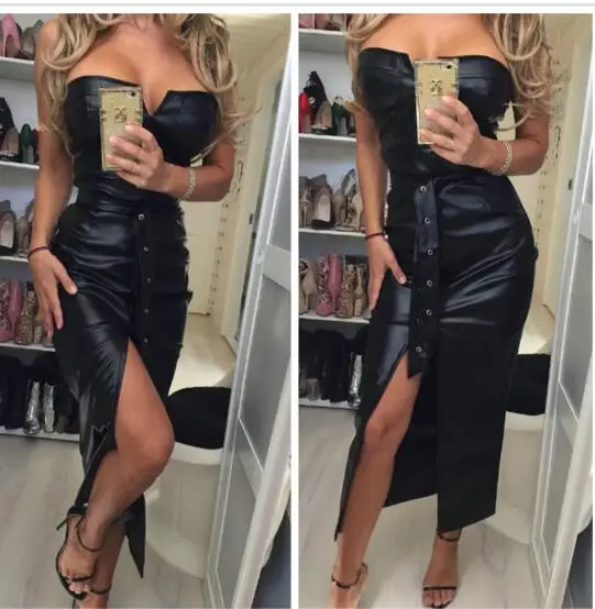 Платье из искусственной кожи с открытой спиной женское черное облегающее