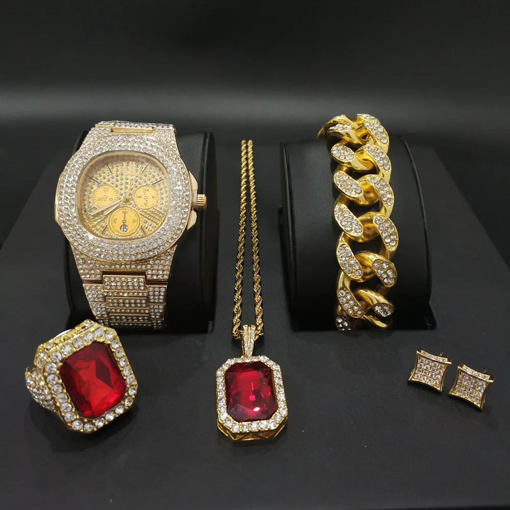 Роскошные мужские золотые часы, часы в стиле хип-хоп, ожерелье, браслет, кольцо и серьги, комбинированный набор, ледяной набор, кубинский Топ бренд, хип-хоп ювелирный набор