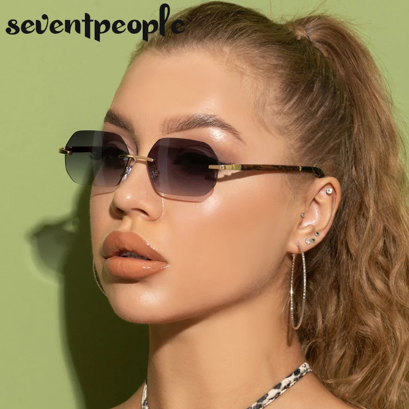 

Rectangle Rimless Sunglasses Wooden Temples Women 2021 Luxury Brand Fashion Polygon Frameless Sun Glasses For Female UV400