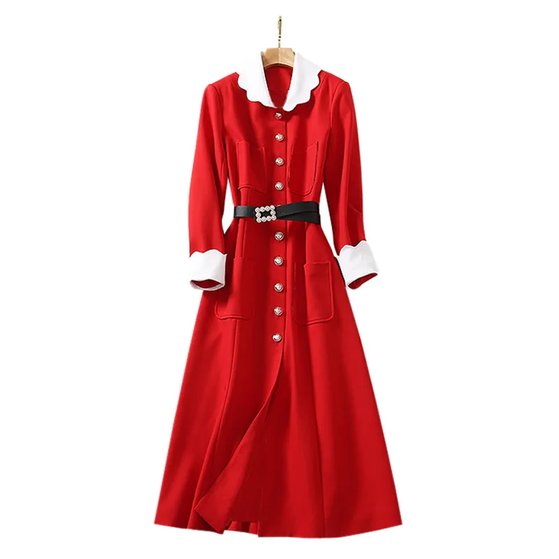 

Отложным воротником белого цвета с длинными рукавами-груди пуговицы карманы кожаный ремень миди Длина размера плюс платье с леопардовым пр...