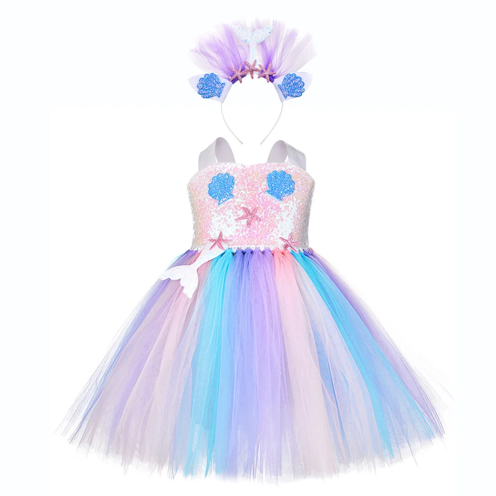 Blue Mermaid Dress Платье принцессы Ариэль с блестками; костюмы русалки на день рождения для девочек; Детские платья с рисунком морской звезды; одежда для фотосъемки - Цвет: Blue Mermaid Dress