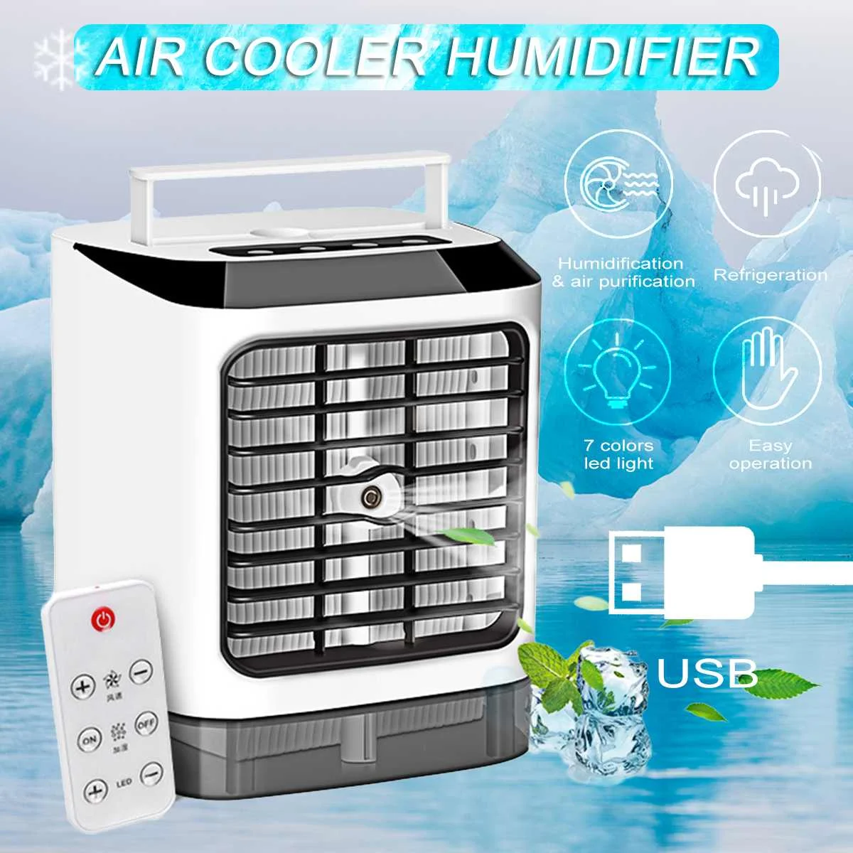 

Portable Air Conditioner 7 Colors LED Mini Air Conditioner Humidifier Purifier USB Desktop With Remote Control Air Cooler Fan