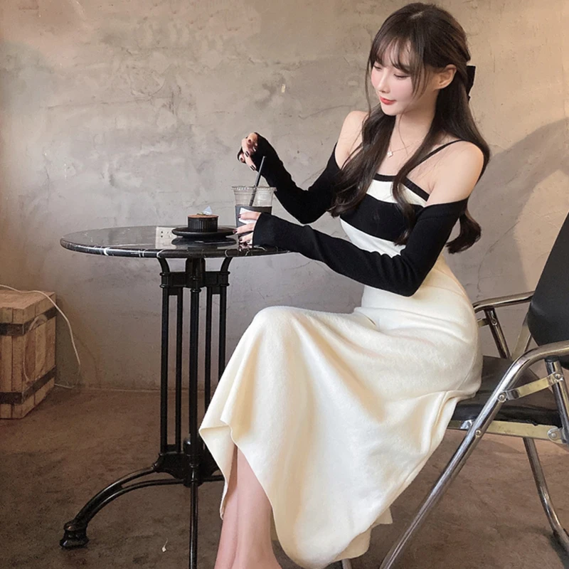 

Sister Fara New Spring Knitted Chic Dress Long Sleeve Top Two Pieces Women Fashion Spaghetti Strap Office Lady Halter Dresses