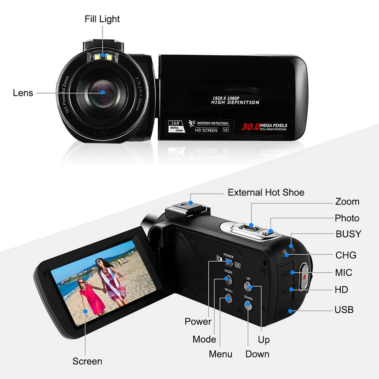 3.0 Inch Video Camera Camcorder Full HD 1080P 30FPS 24.0 MP 16X Zoom FHD Camcorders IR Night Vision Webcam Support MIC |