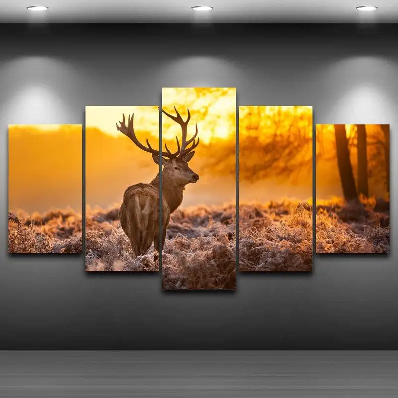 Wall Art Canvas Painting 5Pcs Deer Sunset Paintings On The Living Room Decor Poster Modern Home Decoration Hanging Ornament | Дом и сад