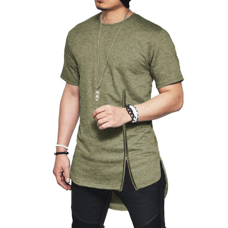 Streetwear Fashion Slim Summer Asymmetrical Men Short Sleeve zipper tshirt Hip-Hop Curved hem Cotton Men's T-Shirts 2XL | Мужская