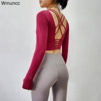 wmuncc women long sleeve yoga shirts sport top fitness gym wear running t shirt beautiful back workout sexy stretchy cross back