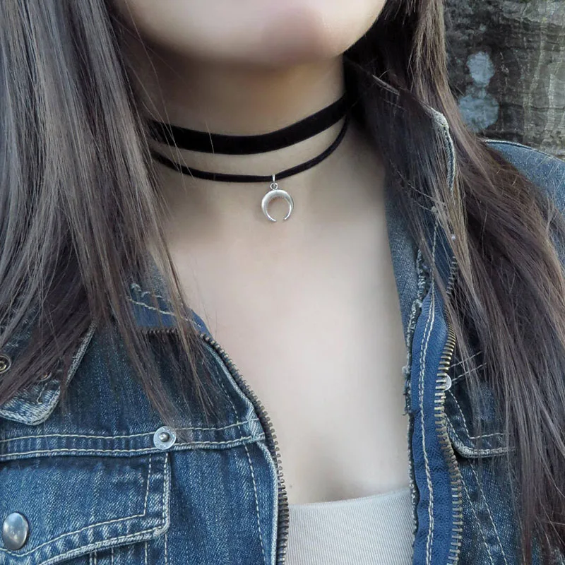 Колье с полумесяцем-чокер Луной двойной чокер черное ожерелье изысканное колье -