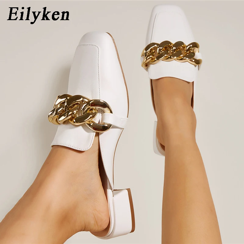 

Eilyken Fashion Design Slip On Outside Mules Slippers Chain British Sandals Square Toe Low Heels Sliders Shoes Women Pumps