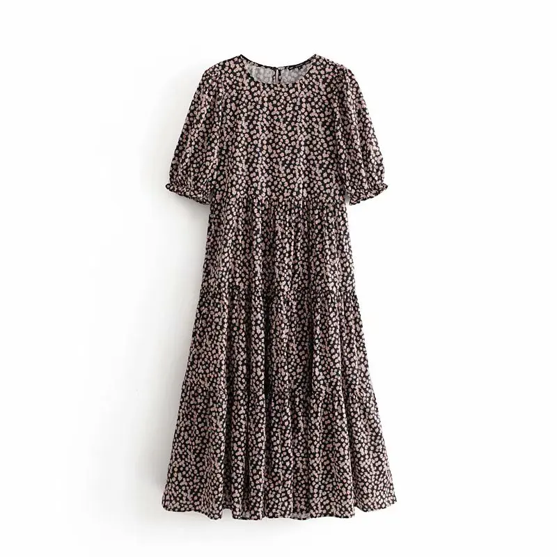 2019 женское элегантное платье с круглым вырезом и коротким рукавом Vestidos цветочным