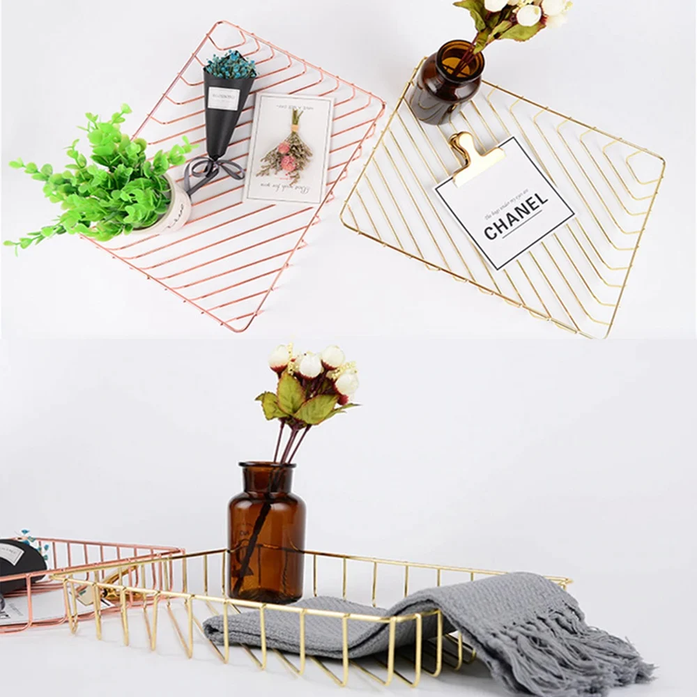 Nordic Style Metal Table Storage Basket Cosmetic Organizer Iron Rose Gold Rack Holder Home Kitchen Organizers |