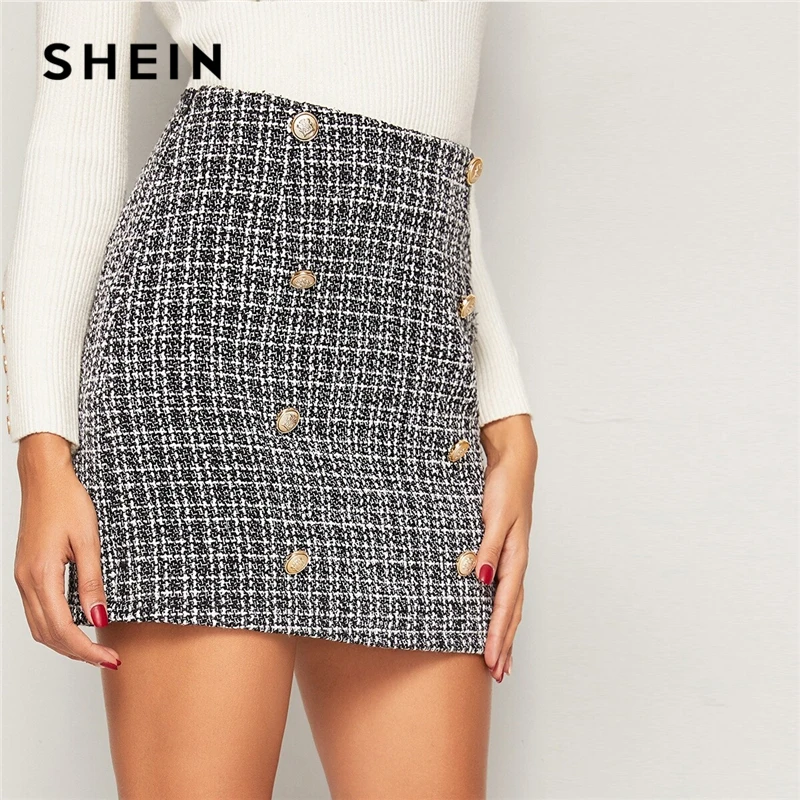 SHEIN черные и белые двубортные твидовые юбки женские осенне-зимние элегантные трапециевидные женские облегающие мини-юбки в клетку