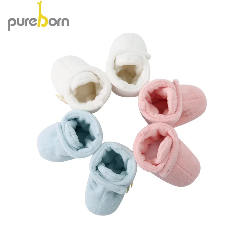 Pureborn/Обувь для новорожденных; Hookloop; мягкая подошва; обувь для маленьких девочек; Флисовые Тапочки для маленьких мальчиков; однотонные зимние Первые ходунки