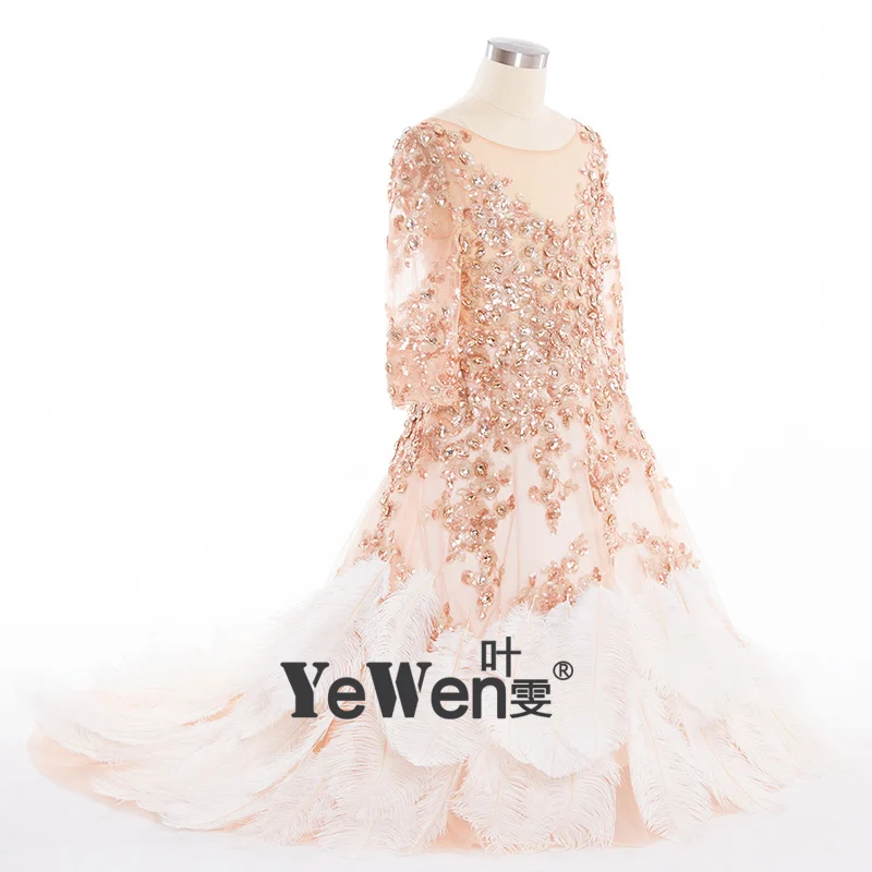 YeWen Роскошные девушки цветка платья для свадеб 2016 Пляж Страусовые Перо Китай
