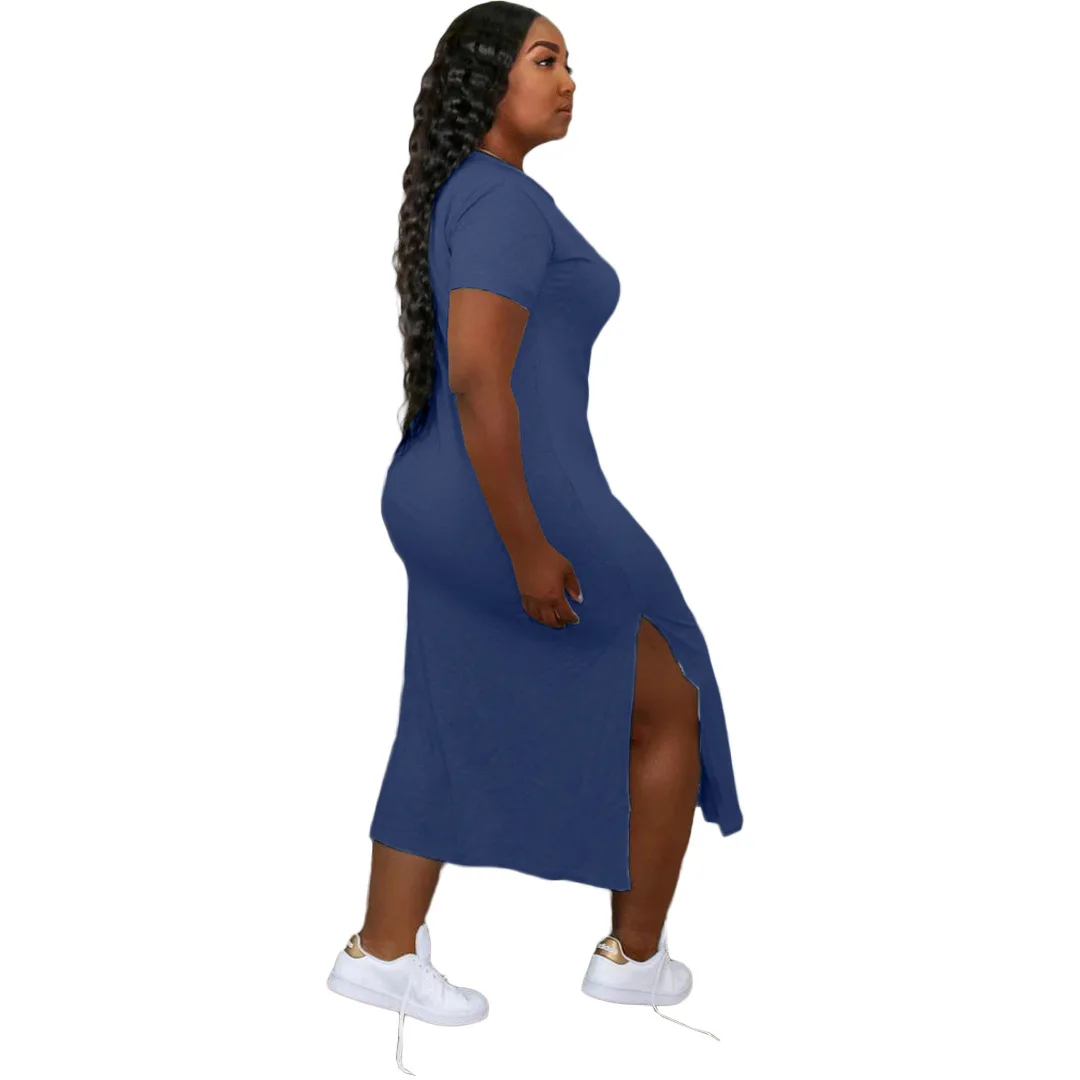 

2021 New Women Casual Loose Short Sleeve Solid O-neck Split Dress Vestido De Festa