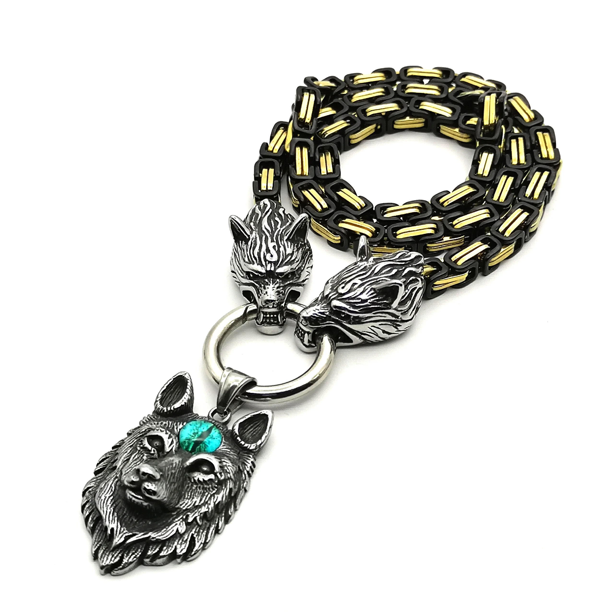 

Men Stainless Steel Wolf Head Norse Viking Amulet Thor Hammer Pendant Necklace Viking King Chain