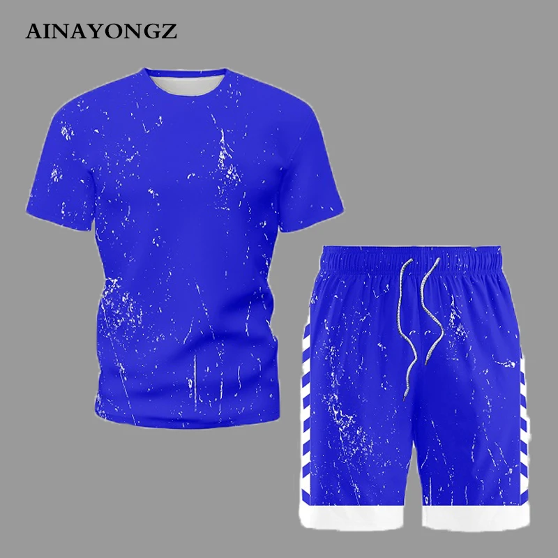 2022 Men Simple Trend Short Tracksuit Set Summer Classic Blue T Shirt With Shorts Suit Half Sleeve Sportswear Male Outfits 5XL