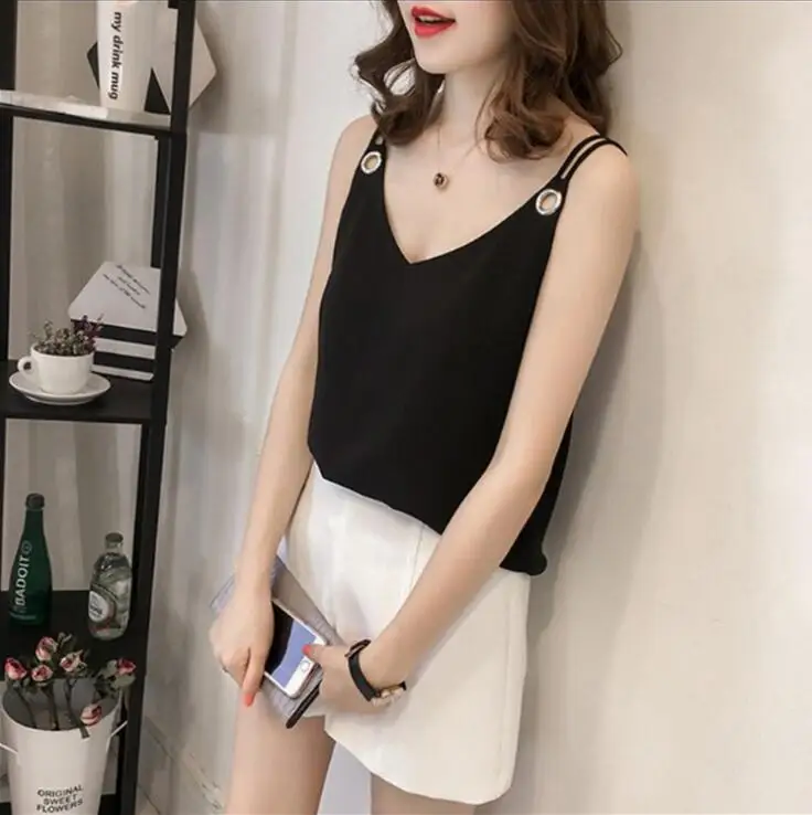 

2019 Sexy Summer Chiffon Camis Women Blouse Sleeveless V Neck Top Female t-shirt Vest Casual Camis