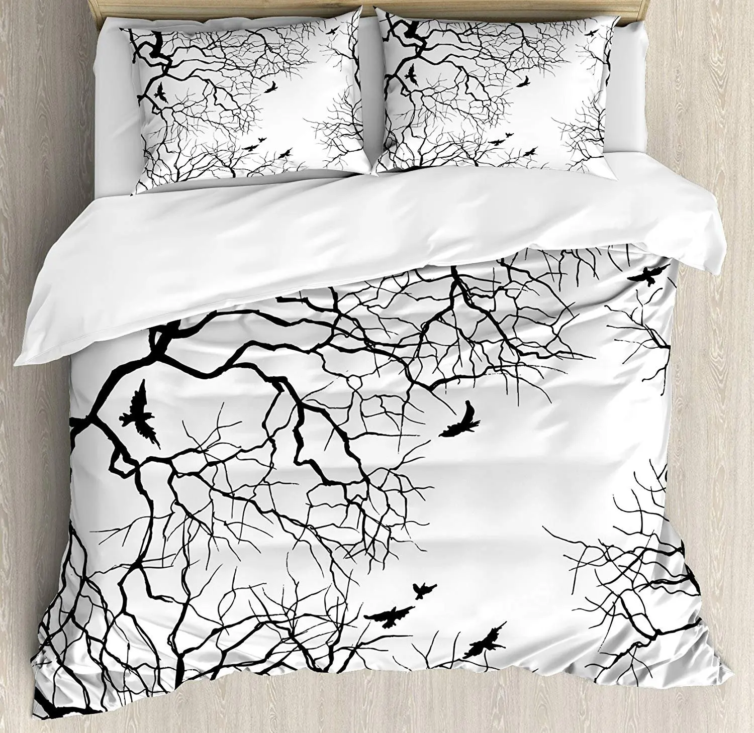 

Nature Bedding Set Birds Flying over Twiggy Tree Branches Stylish Autumn Season Sky View Artwork Duvet Cover Pillowcase Bed Set